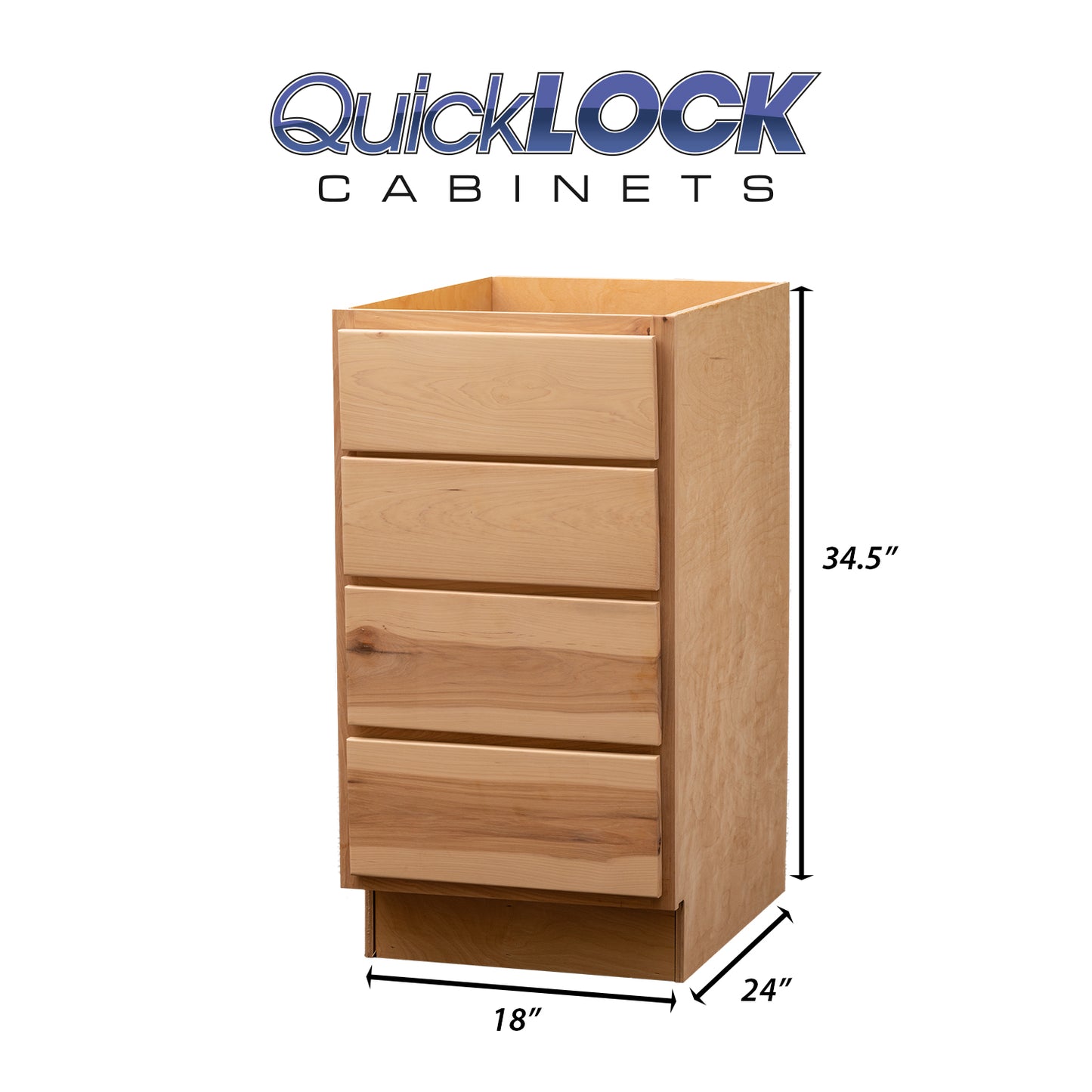 Quicklock RTA (Ready-to-Assemble) Raw Hickory 4 Drawer 18" Base Cabinet | 18"Wx34.5"Hx24"D