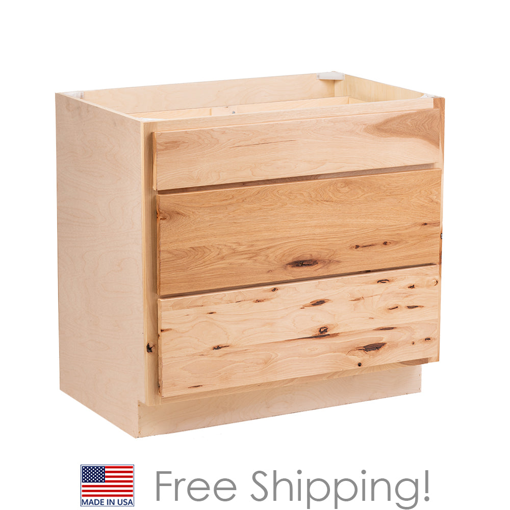 Quicklock RTA (Ready-to-Assemble) Raw Hickory 3 Drawer 36" Pots and Pans Base Cabinet | 36"Wx34.5"Hx24"D