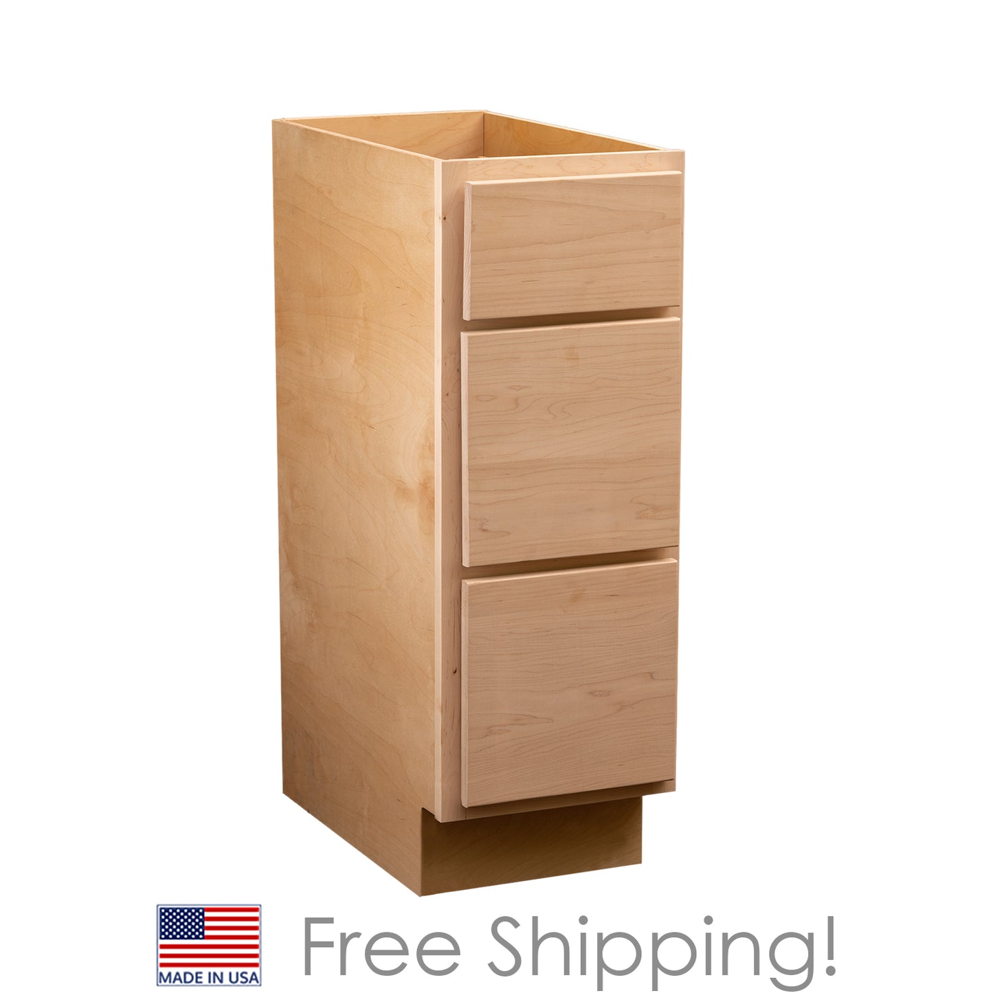 Quicklock RTA (Ready-to-Assemble) Raw Maple 3 Drawer Vanity Base Cabinet | 12"Wx34.5"Hx21"D