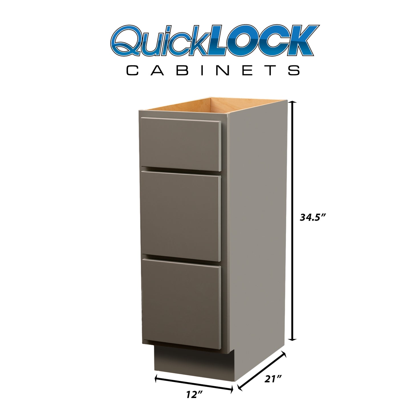 Quicklock RTA (Ready-to-Assemble) Magnetic Grey 3 Drawer Vanity Base Cabinet | 12"Wx34.5"Hx21"D