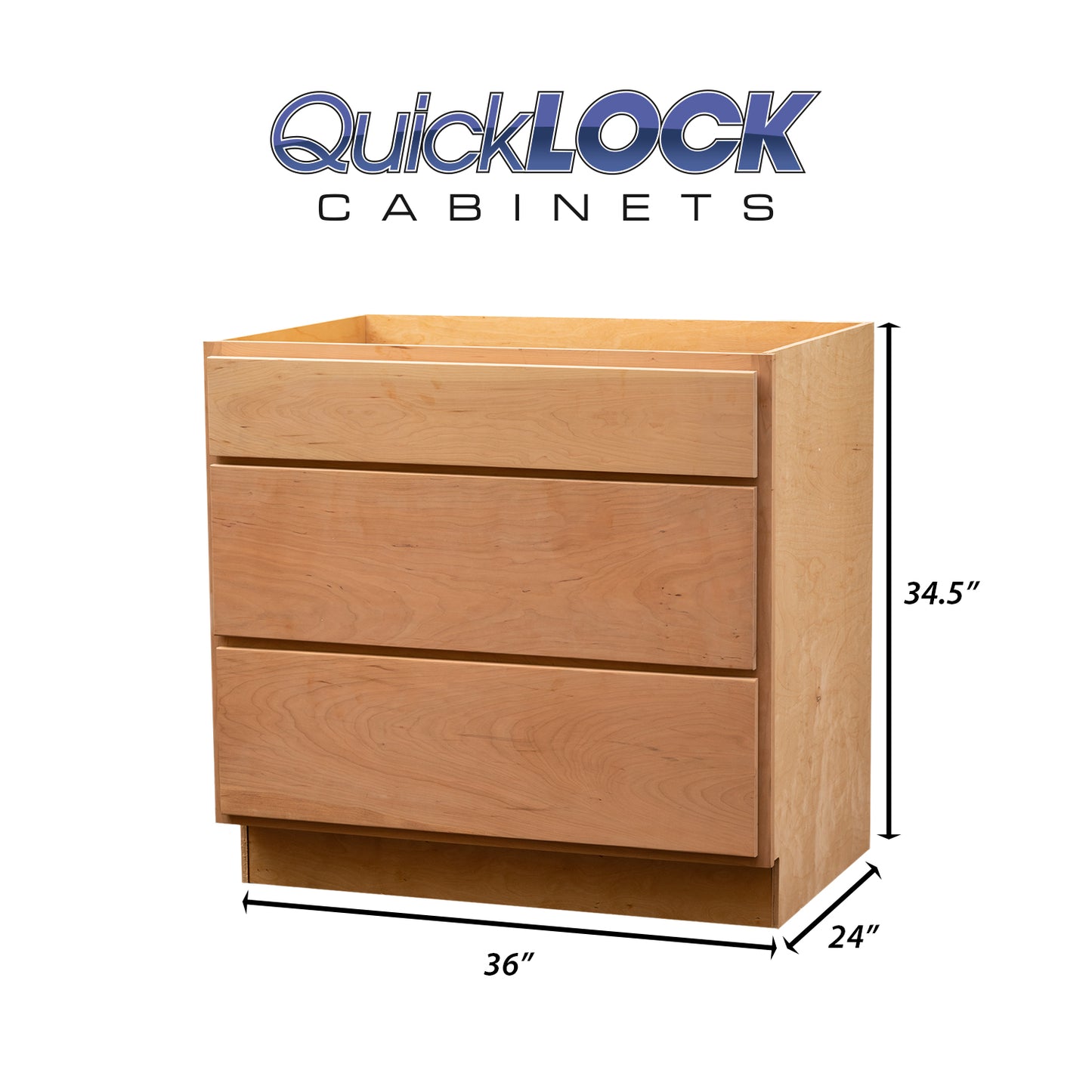 Quicklock RTA (Ready-to-Assemble) Raw Cherry 3 Drawer Base Cabinet | 36"Wx34.5"Hx24"D