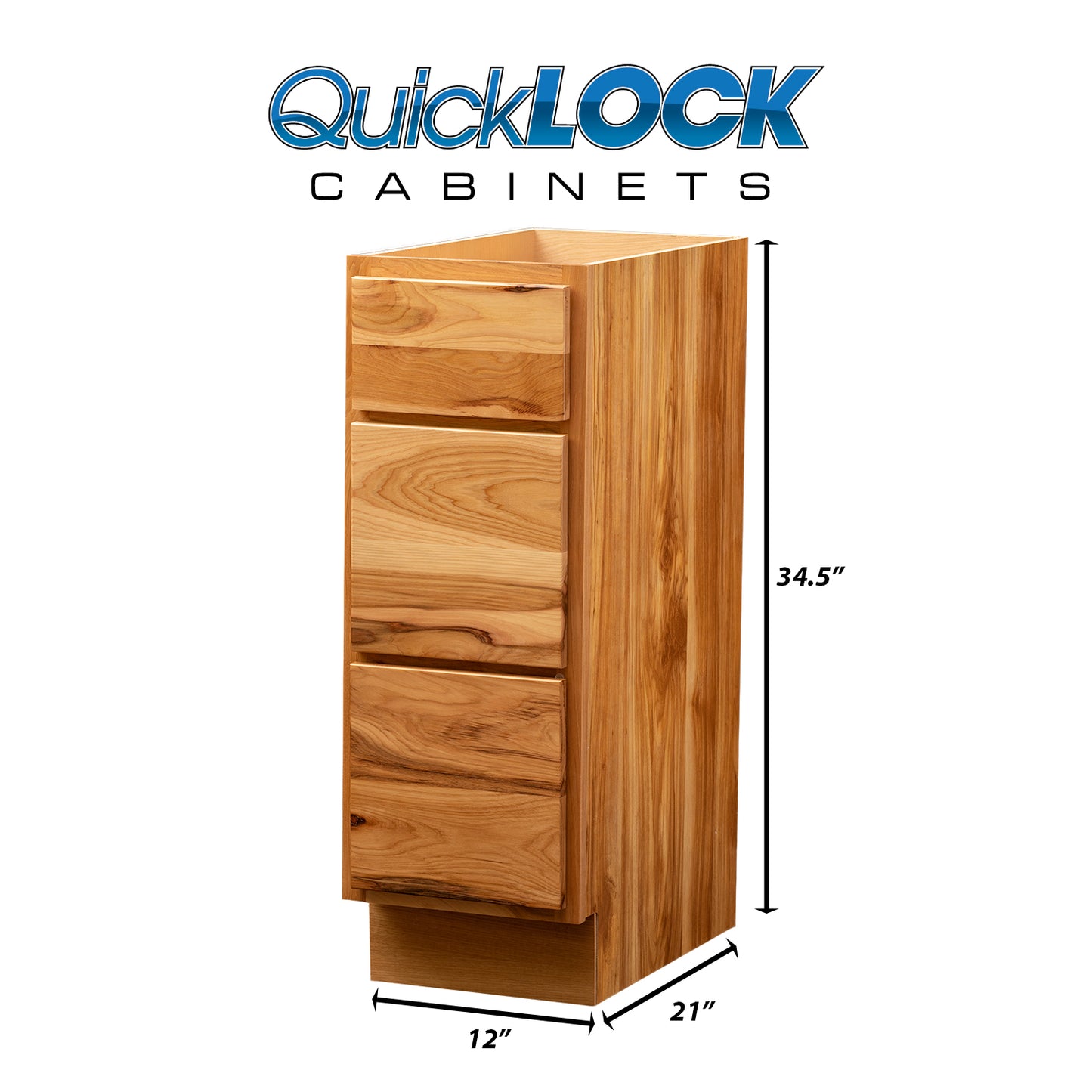 Quicklock RTA (Ready-to-Assemble) Rustic Hickory 3 Drawer Vanity Base Cabinet | 12"Wx34.5"Hx21"D
