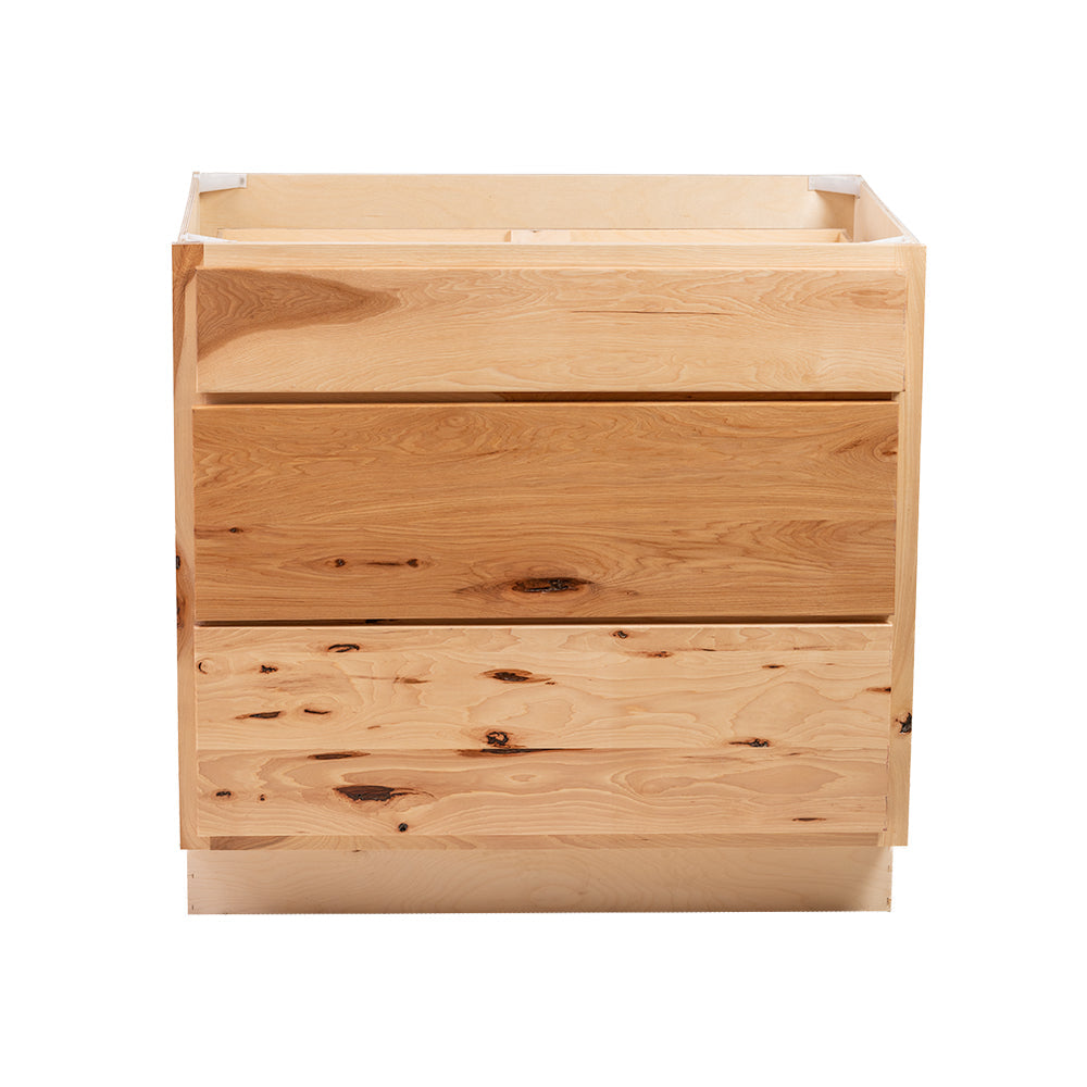 Quicklock RTA (Ready-to-Assemble) Raw Hickory 3 Drawer 36" Pots and Pans Base Cabinet | 36"Wx34.5"Hx24"D