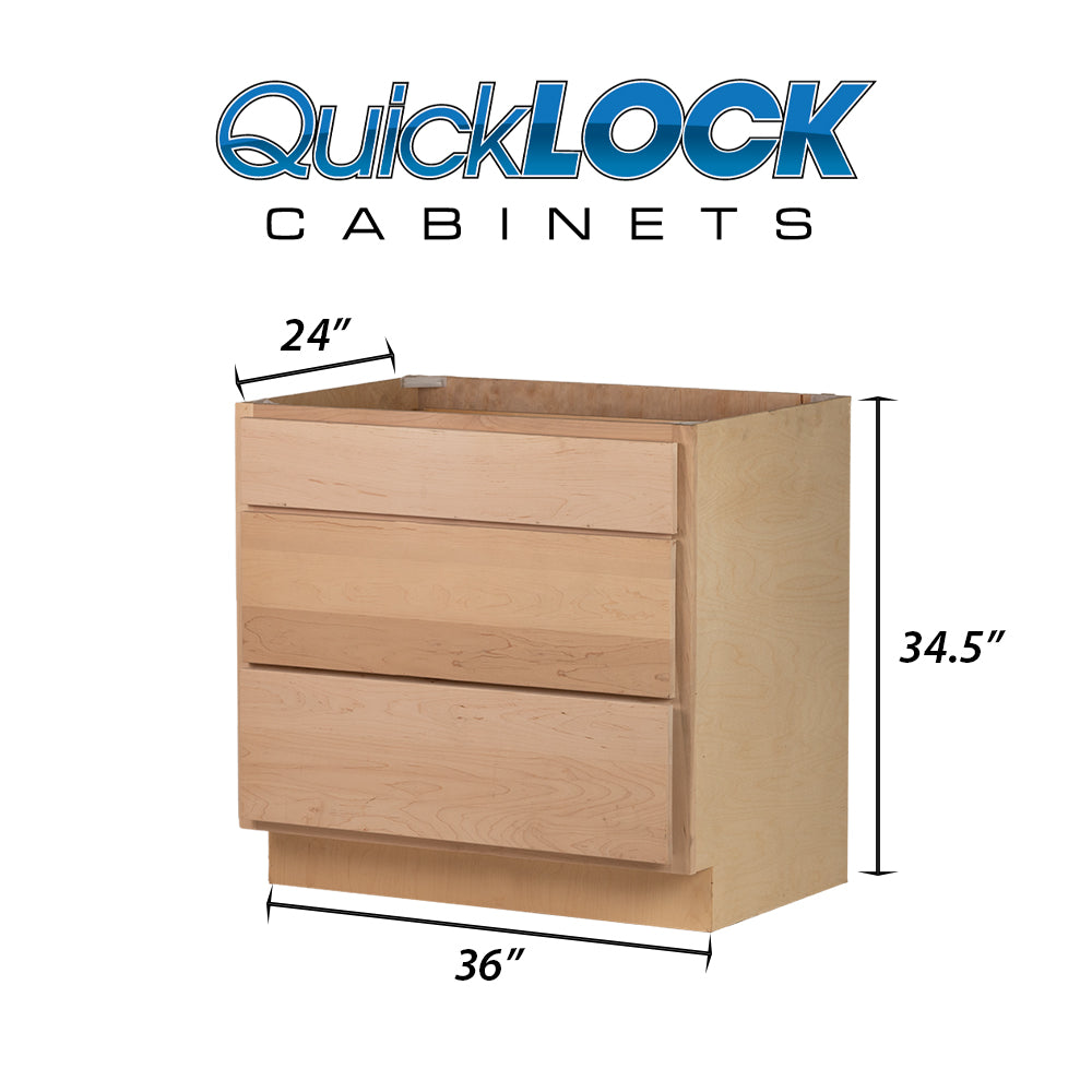 Quicklock RTA (Ready-to-Assemble) Raw Maple 3 Drawer 36" Pots and Pans Base Cabinet | 36"Wx34.5"Hx24"D
