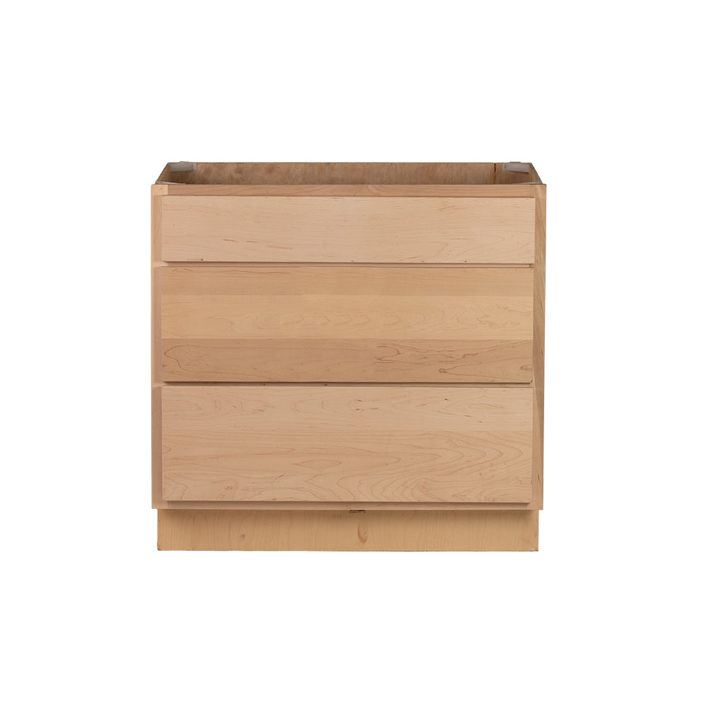 Quicklock RTA (Ready-to-Assemble) Raw Maple 3 Drawer 36" Pots and Pans Base Cabinet | 36"Wx34.5"Hx24"D
