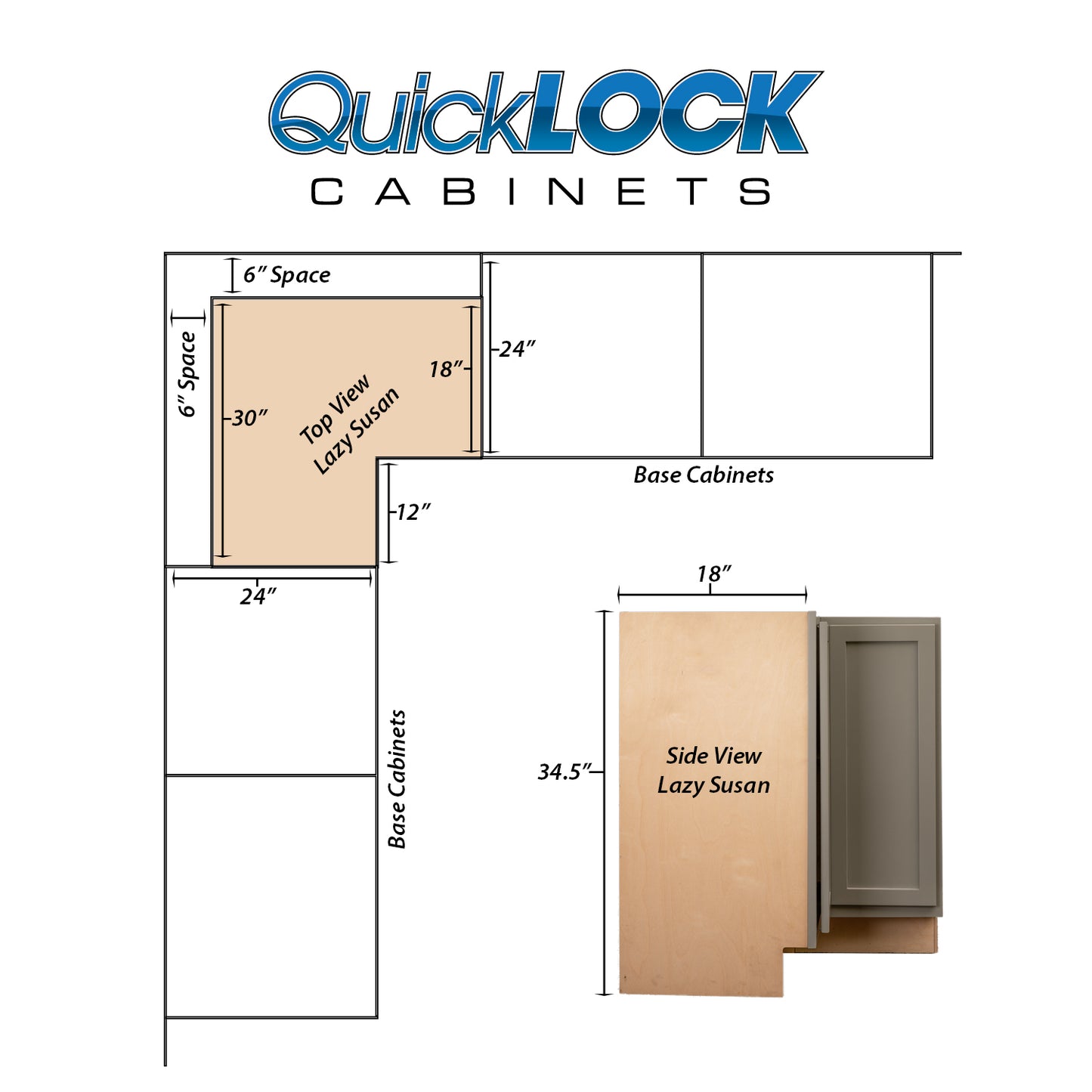 Quicklock RTA (Ready-to-Assemble) Magnetic Grey Lazy Susan Cabinet | 18"D x 30" W x 34.5"