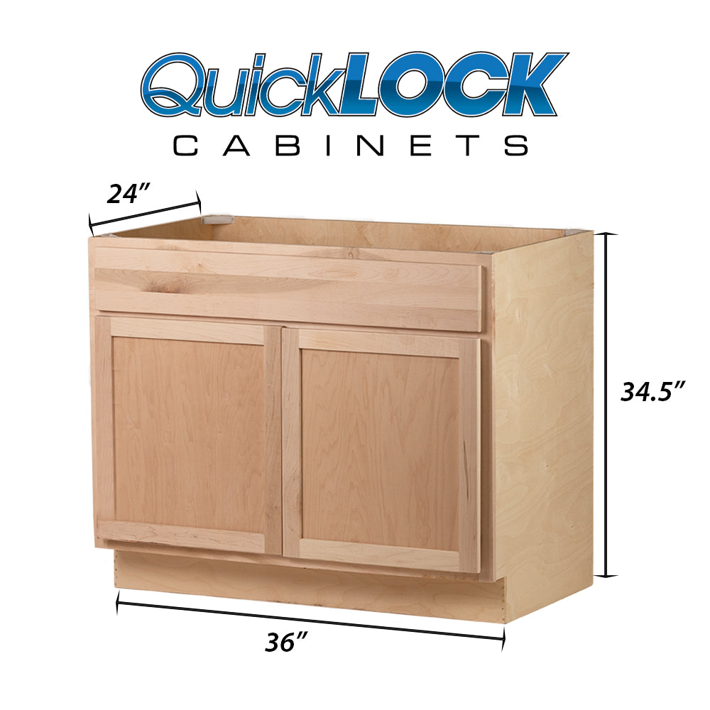 Quicklock RTA (Ready-to-Assemble) Raw Maple 36" Sink Base Cabinet | 36"Wx34.5"Hx24"D