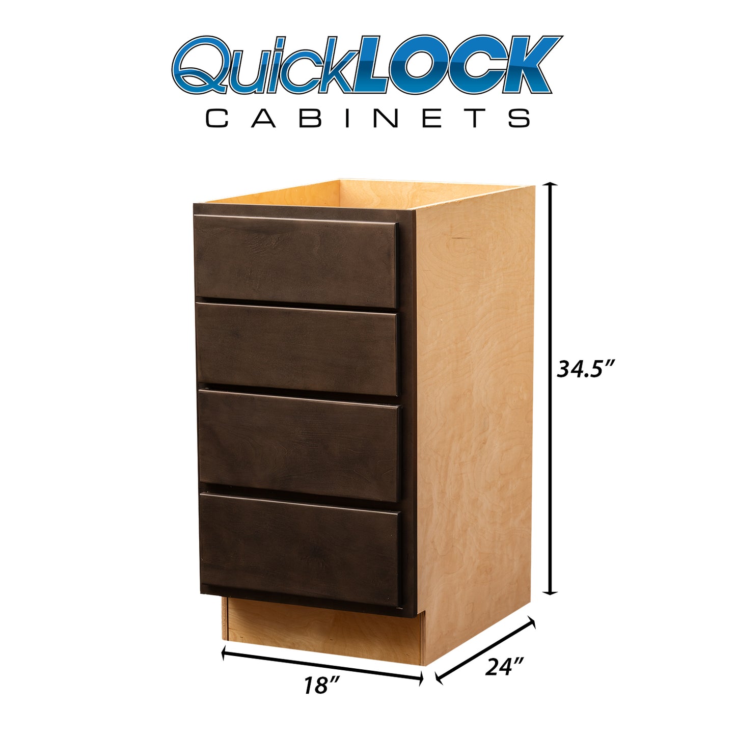 Quicklock RTA (Ready-to-Assemble) Espresso Stain 4 Drawer 18" Base Cabinet | 18"Wx34.5"Hx24"D