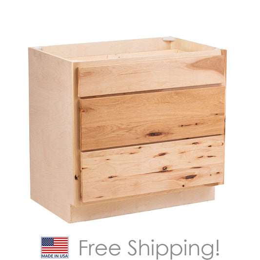 Quicklock RTA (Ready-to-Assemble) Raw Hickory 3 Drawer 36" Pots and Pans Base Cabinet | 36"Wx34.5"Hx24"D