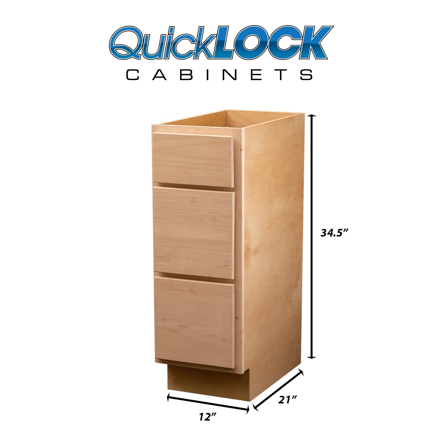 Quicklock RTA (Ready-to-Assemble) Raw Maple 3 Drawer Vanity Base Cabinet | 12"Wx34.5"Hx21"D
