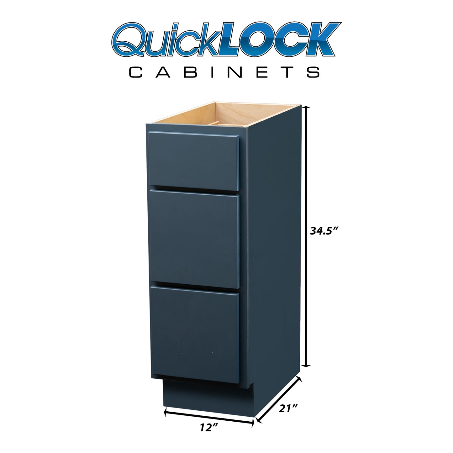 Quicklock RTA (Ready-to-Assemble) Needlepoint Navy 3 Drawer Vanity Base Cabinet | 12"Wx34.5"Hx21"D