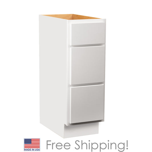 Quicklock RTA (Ready-to-Assemble) Pure White 3 Drawer Vanity Base Cabinet | 12"Wx34.5"Hx21"D