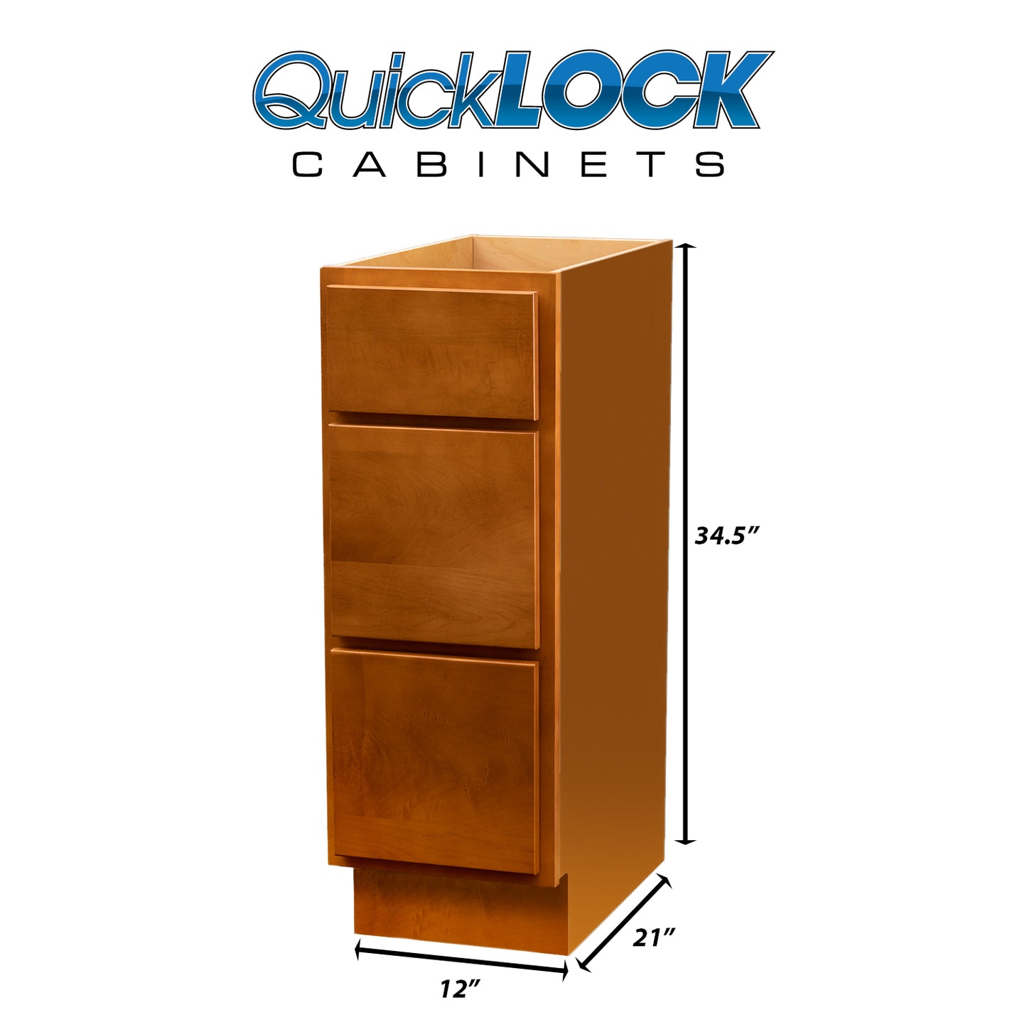 Quicklock RTA (Ready-to-Assemble) Provincial Stain 3 Drawer Vanity Base Cabinet | 12"Wx34.5"Hx21"D