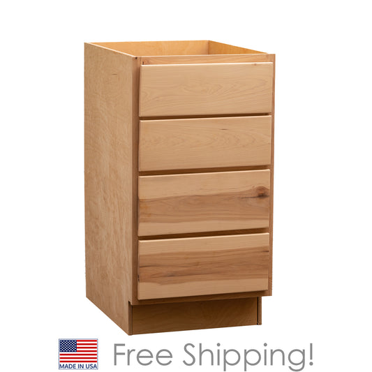 Quicklock RTA (Ready-to-Assemble) Raw Hickory 4 Drawer 18" Base Cabinet | 18"Wx34.5"Hx24"D