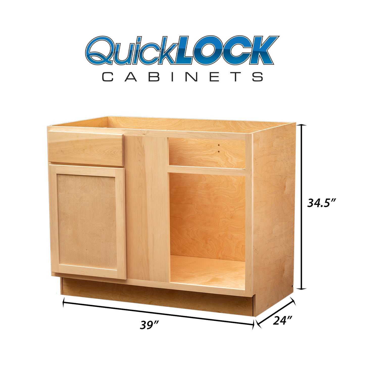 Quicklock RTA (Ready-to-Assemble) Raw Maple Blind Base Corner Cabinet | 39"Wx34.5"Hx24"D