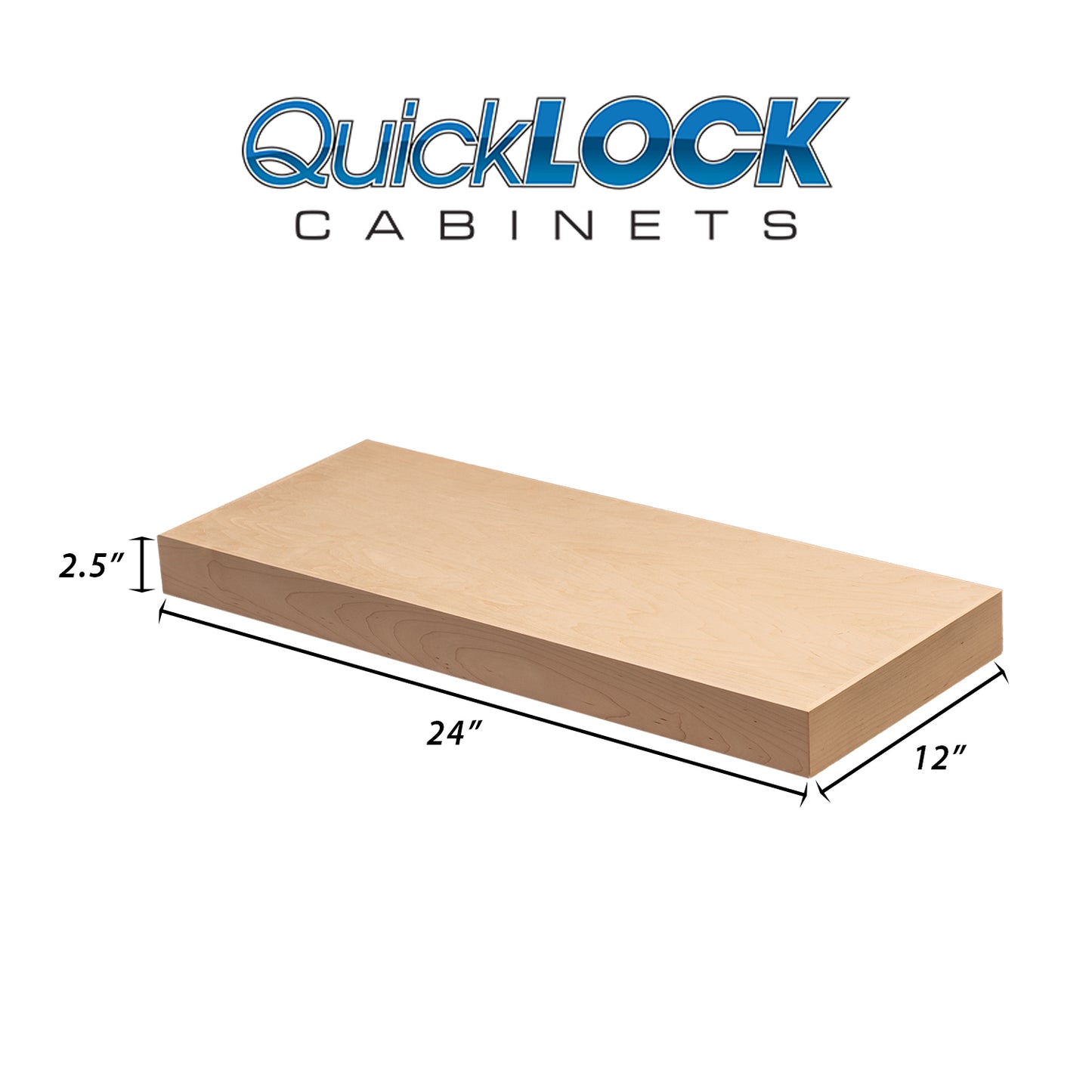 Quicklock Cabinets Floating Shelves | 2.5" Thick | Raw Maple, 12" D x 24" W x 2.5" H | American Made | Hardwood Bracket | Complete Shelf Unit