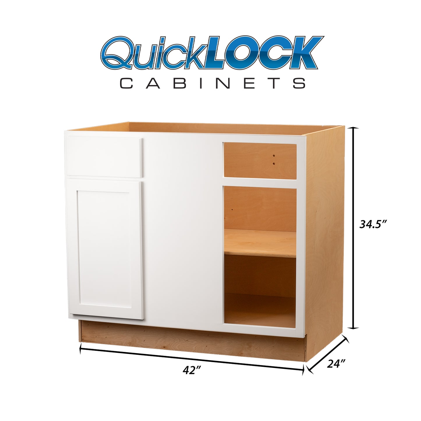 Quicklock RTA (Ready-to-Assemble) Pure White Blind Corner Base Cabinet | 42"Wx34.5"Hx24"D