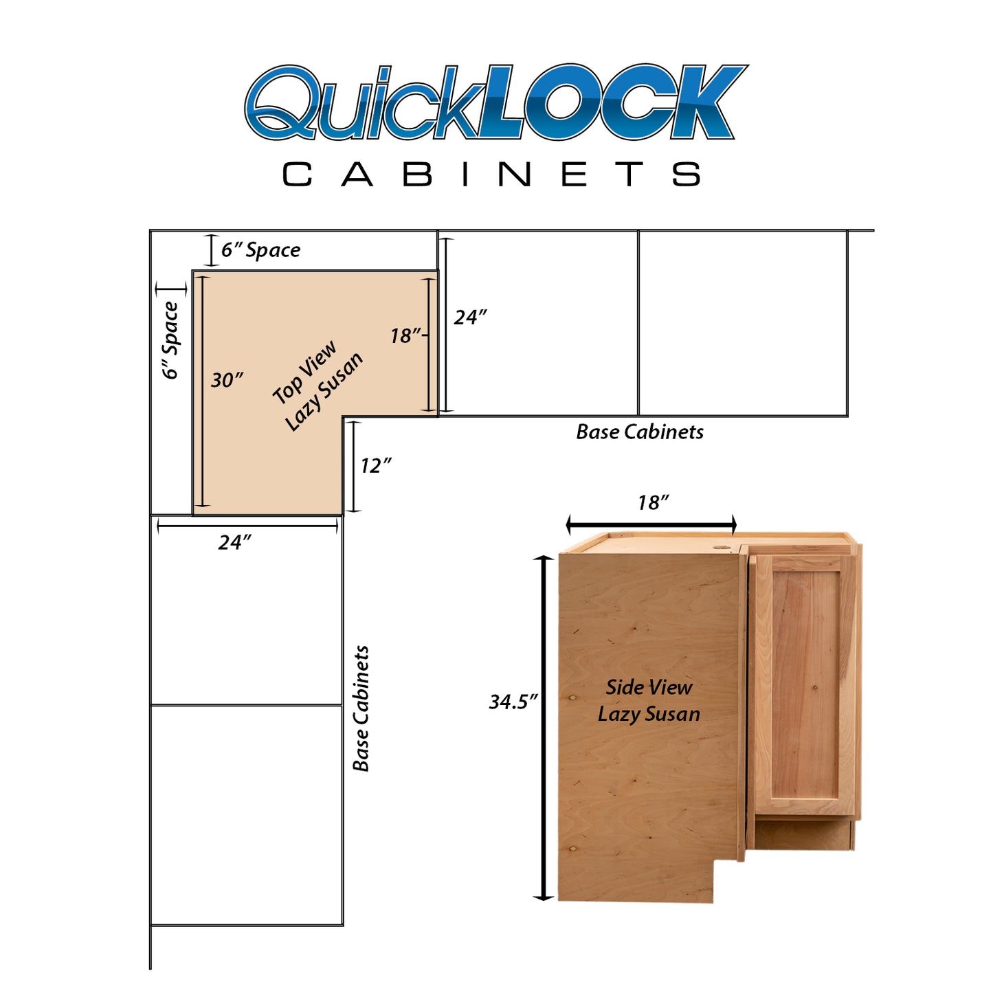 Quicklock RTA (Ready-to-Assemble) Raw Hickory Lazy Susan Cabinet | 18"D x 30" W x 34.5"
