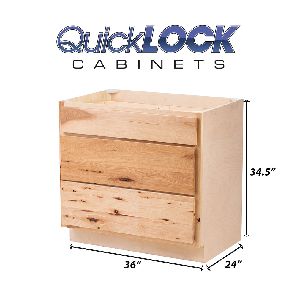 Quicklock RTA (Ready-to-Assemble) Raw Hickory 3 Drawer 36" Pots and Pans Base Cabinet | 36"Wx34.5"Hx24"D