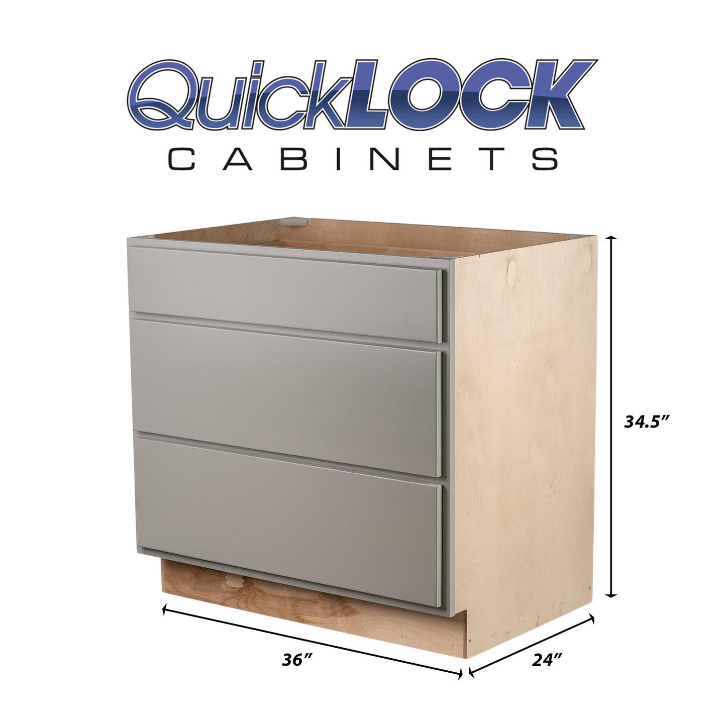 Quicklock RTA (Ready-to-Assemble) Magnetic Grey 3 Drawer 36" Pots and Pans Base Cabinet | 36"Wx34.5"Hx24"D