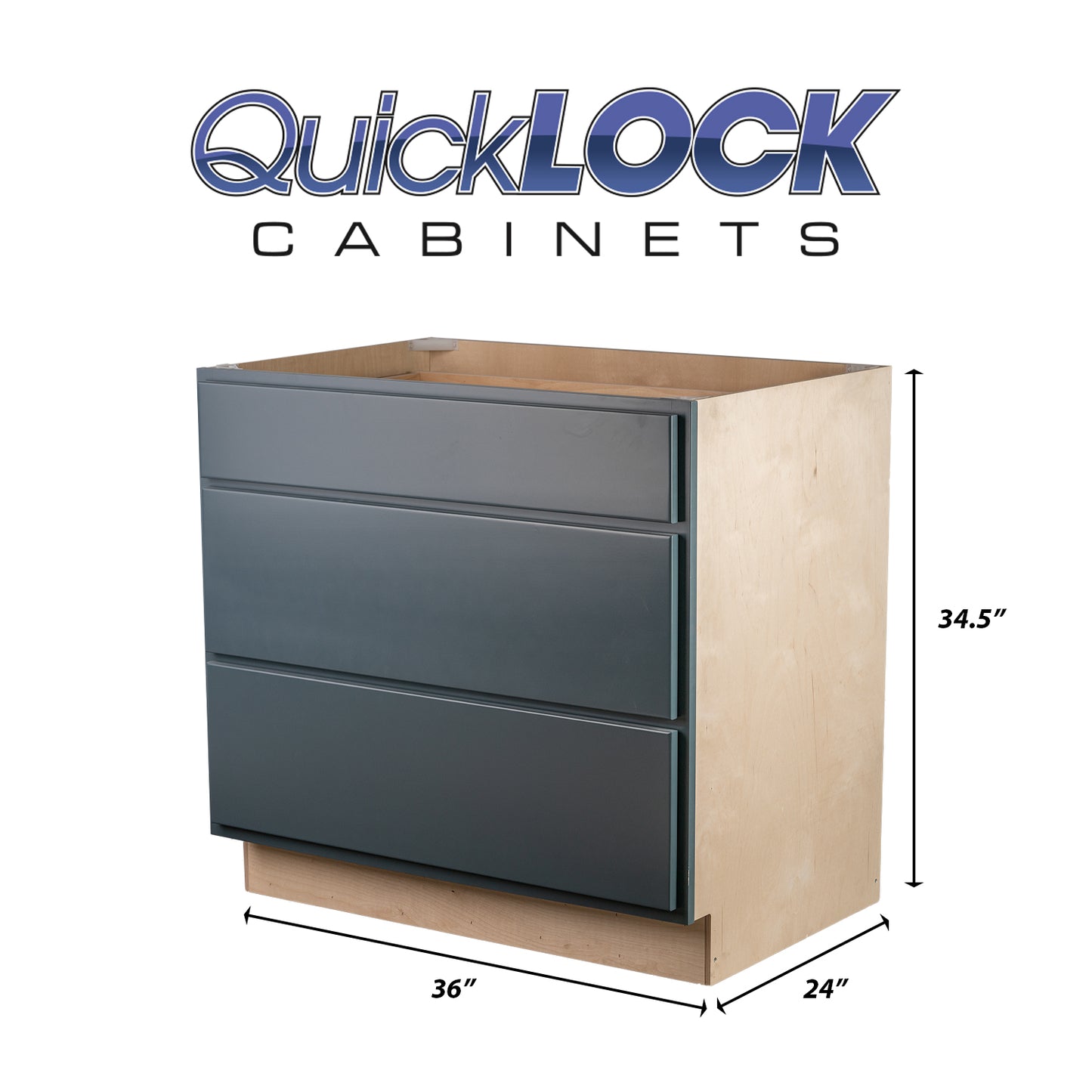 Quicklock RTA (Ready-to-Assemble) Needlepoint Navy 3 Drawer 36" Pots and Pans Base Cabinet | 36"Wx34.5"Hx24"D