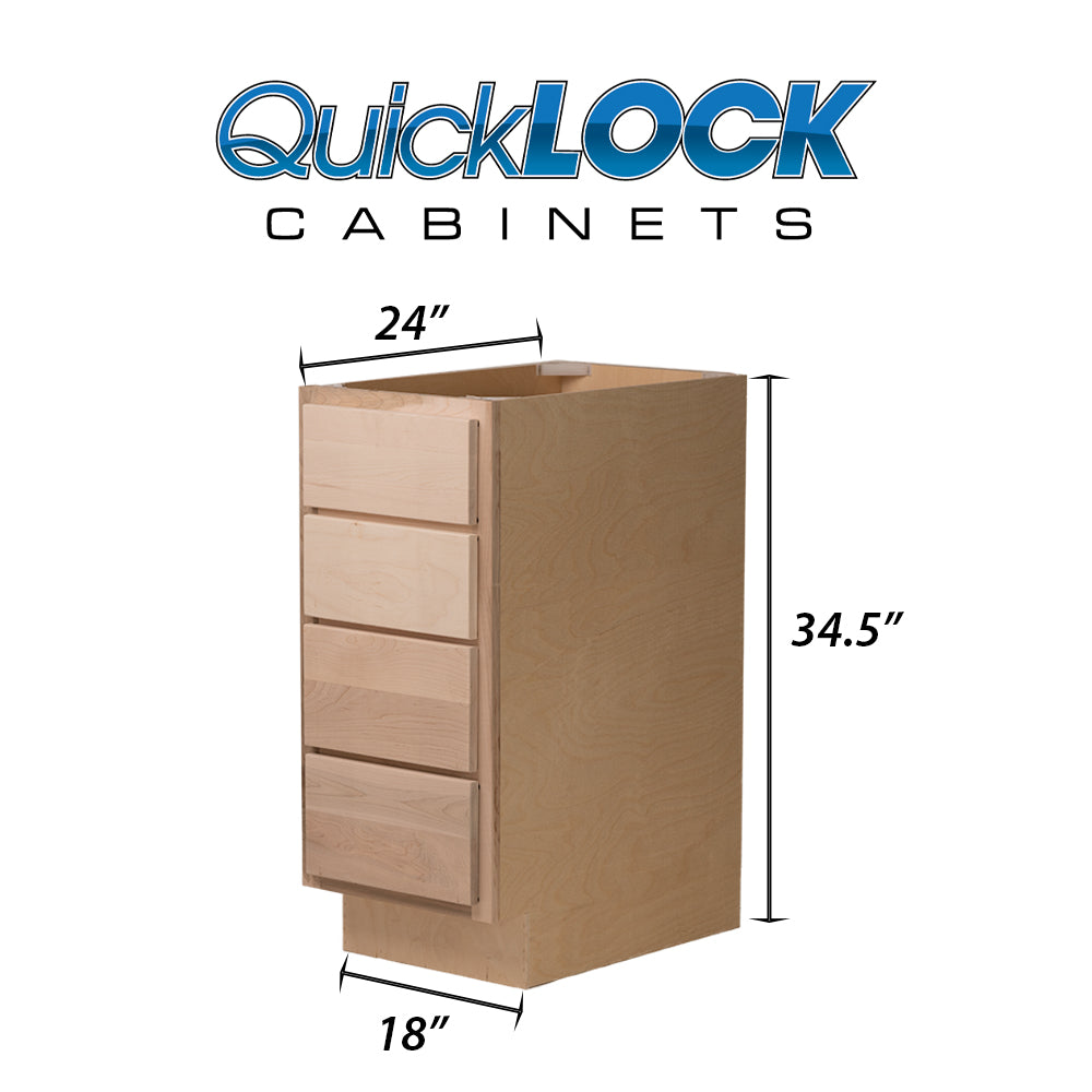 Quicklock RTA (Ready-to-Assemble) Raw Maple 4 Drawer 18" Base Cabinet | 18"Wx34.5"Hx24"D