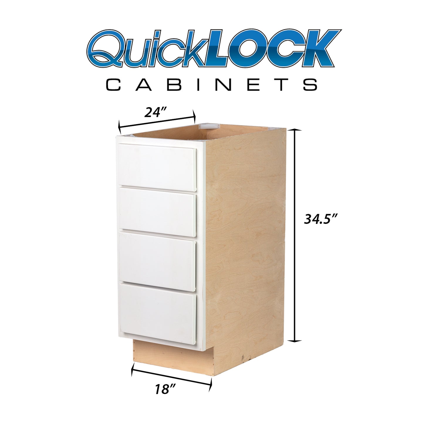 Quicklock RTA (Ready-to-Assemble) Pure White 4 Drawer 18" Base Cabinet | 18"Wx34.5"Hx24"D