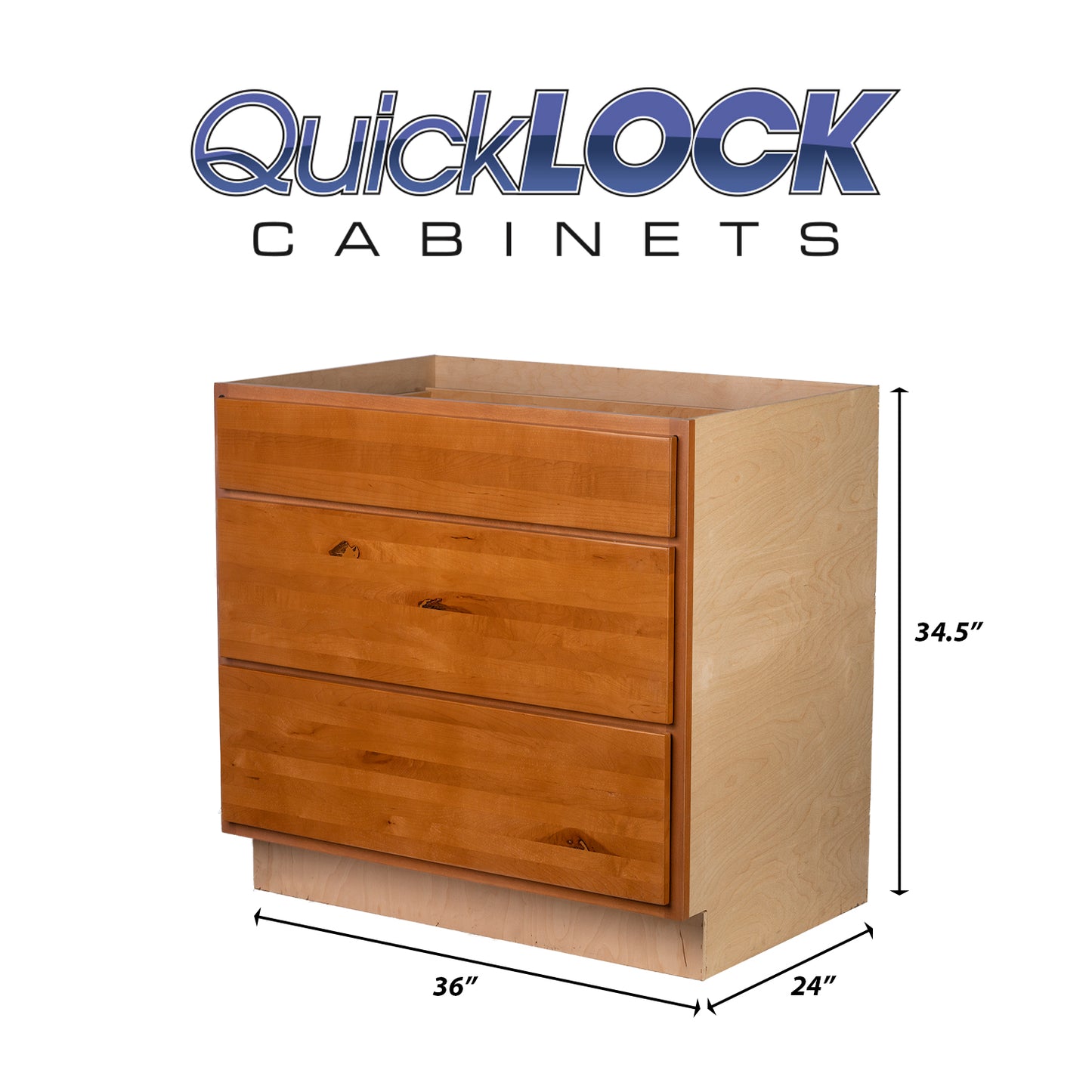 Quicklock RTA (Ready-to-Assemble) Provincial Stain 3 Drawer 36" Pots and Pans Base Cabinet | 36"Wx34.5"Hx24"D